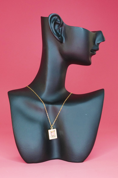 Gold Necklace Rectangle With White Stone